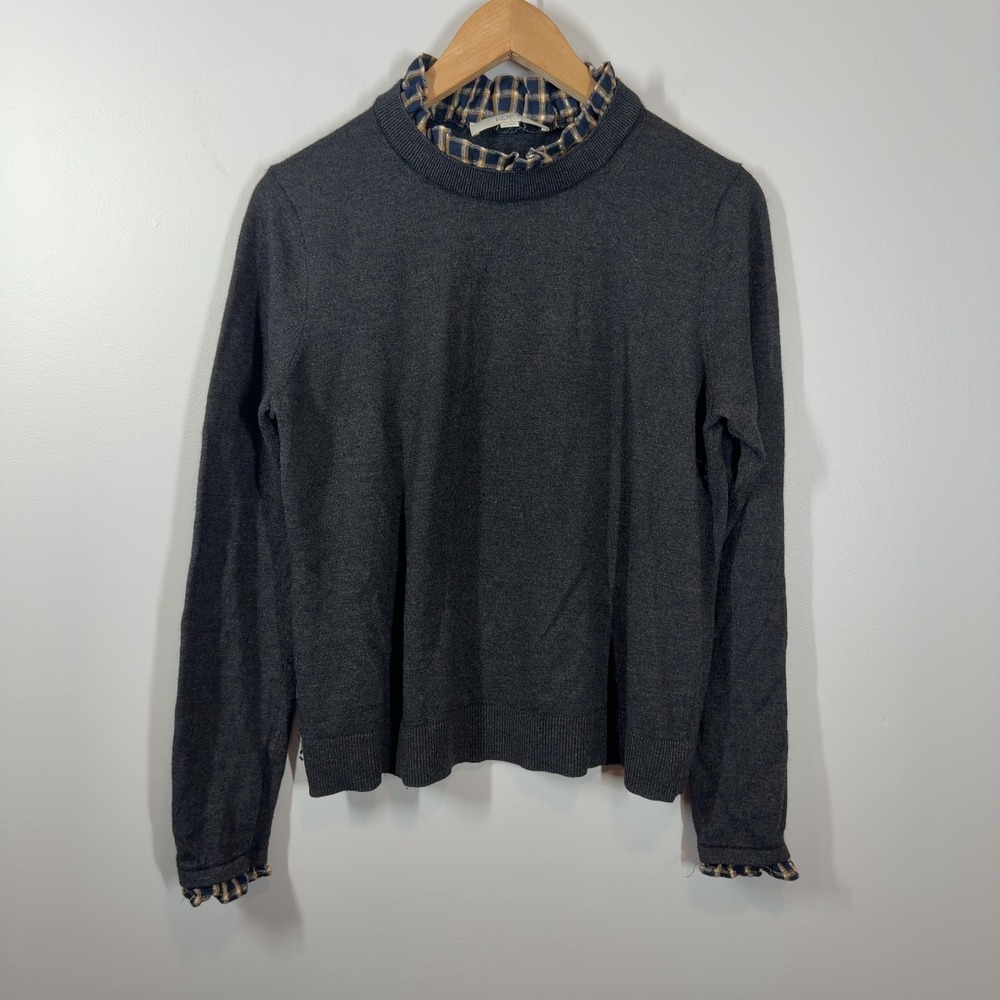 LOFT Gray Plaid Layered Look Sweater Wool Blend Size Medium Long Sleeve Preppy